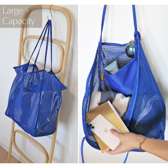 Women's Klein Blue Mesh Beach Nylon & Polyester No-closure Tote Shoulder Handbag - Picture 3 of 7